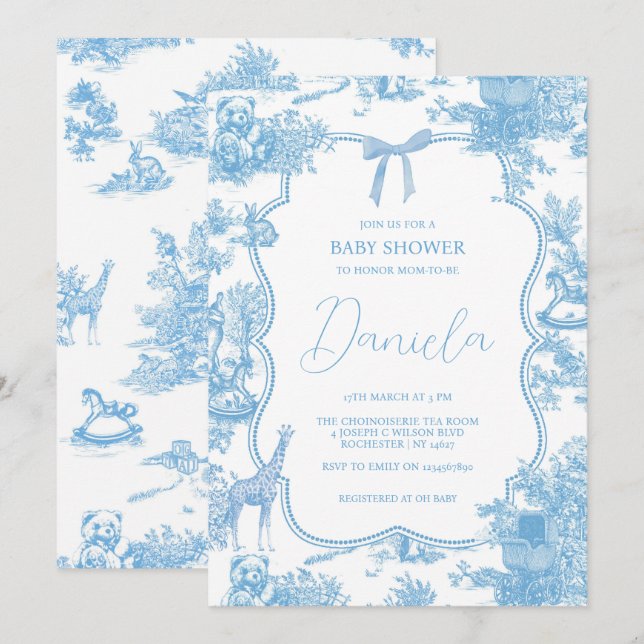 French Blue White Toile de Jouy Bear Baby Shower Invitation (Front/Back)