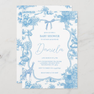 French Blue White Toile de Jouy Bear Baby Shower Invitation