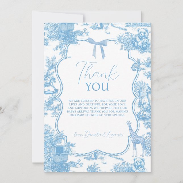 French Blue White Toile de Jouy Bear Baby Shower Thank You Card (Front)