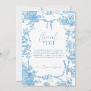 French Blue White Toile de Jouy Bear Baby Shower Thank You Card