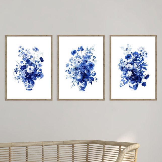 French Blue White Toile Florals in Vase Watercolor (French Blue White Toile Floral Watercolor Flowers in Vase Set of three prints)