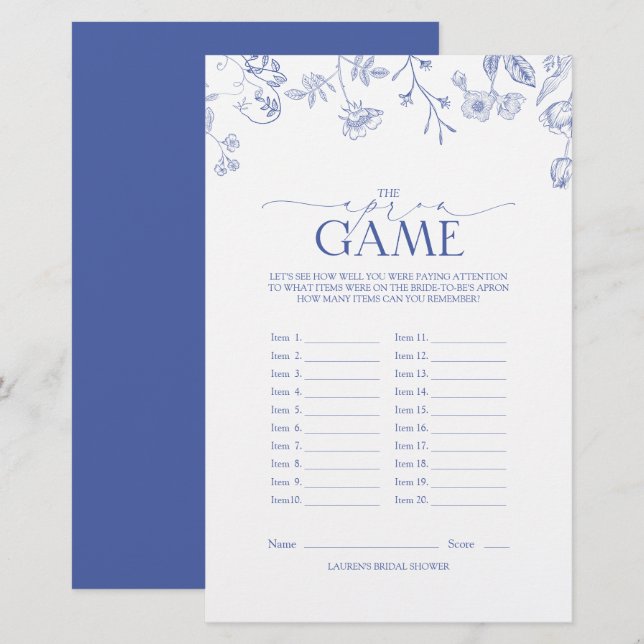 French Blue & White Victorian Bridal Shower Game (Front/Back)