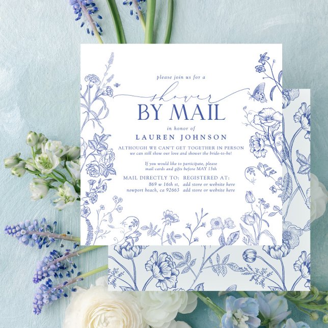 French Blue & White Victorian Bridal Shower Mail Invitation (Creator Uploaded)