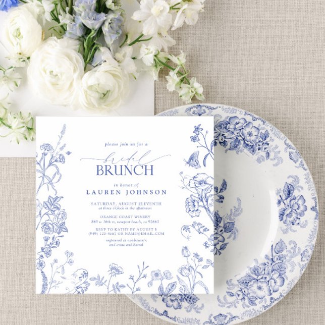 French Blue & White Victorian Floral Bridal Brunch Invitation (Easily personalize this Regency or Bridgerton style brunch invitation for the perfect celebration!)