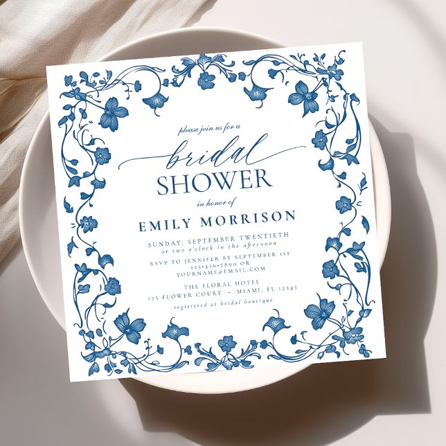 French Blue & White Victorian Floral Bridal Shower Invitation (Creator Uploaded)