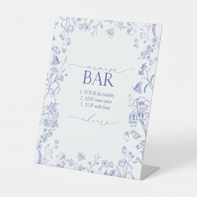 French Blue & White Victorian Shower Mimosa Bar Pedestal Sign (Front)