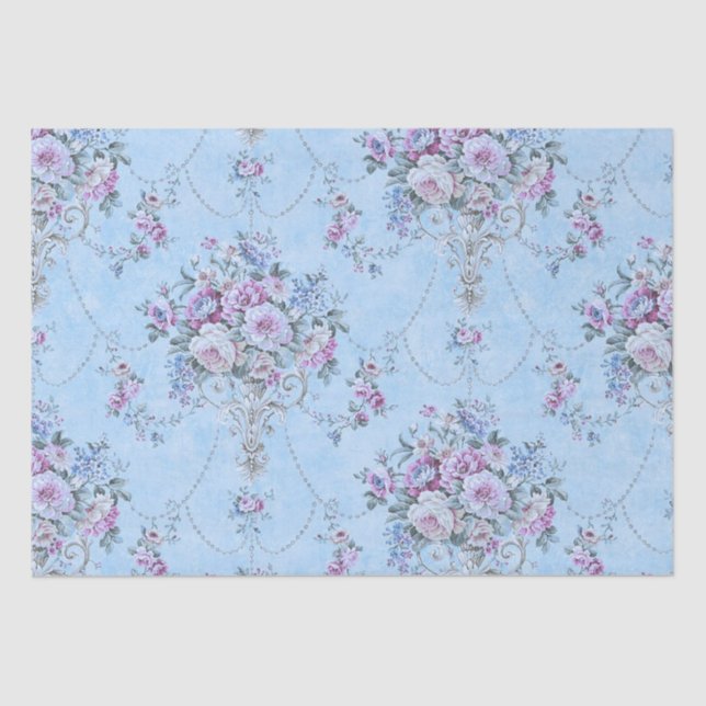 French Blue White Victorian Style Floral Decoupage Tissue Paper (Front)