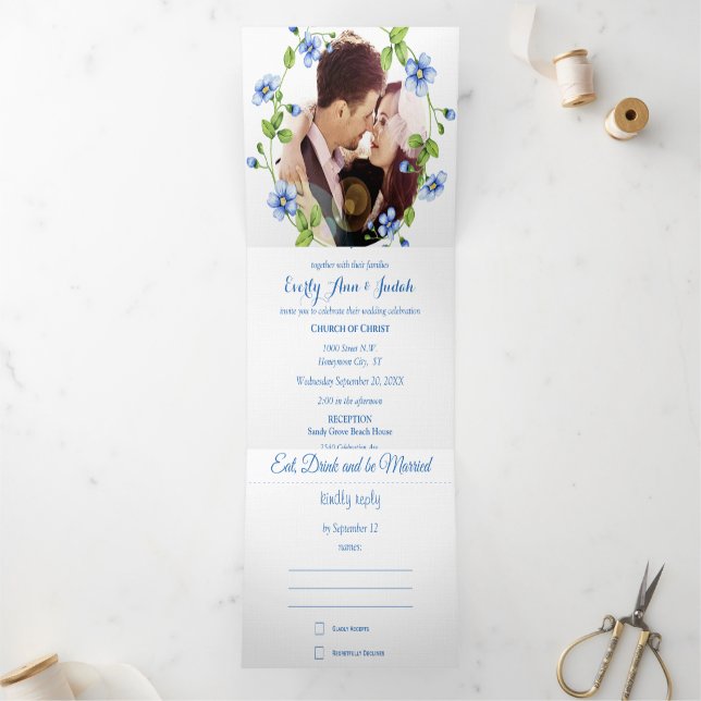 French Blue Wildflower Floral Wreath Wedding Tri-Fold Invitation (Inside)