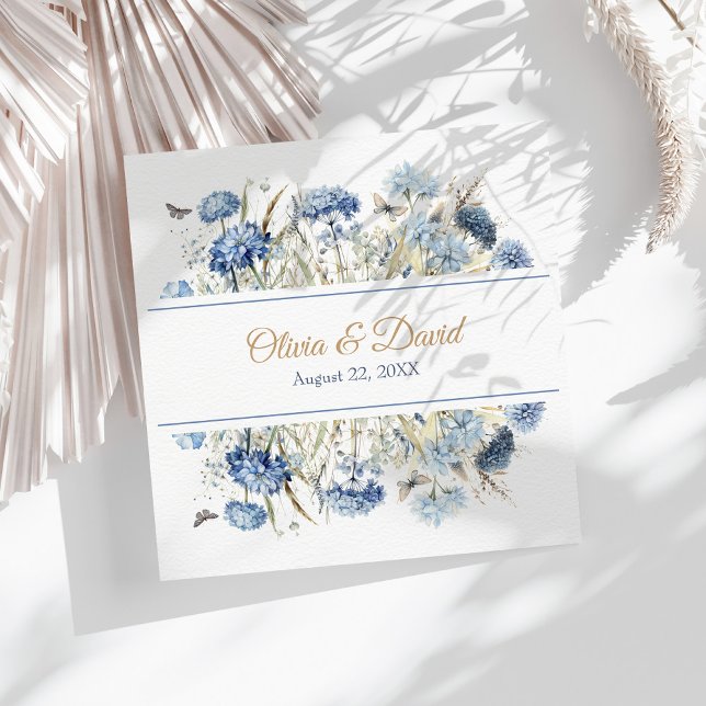 French Blue Wildflower Meadow Wedding Napkins (French Blue Wildflower Meadow Wedding Napkins on a sunny white boho wedding table.)