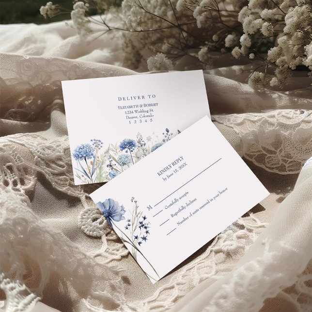French Blue Wildflower Meadow Wedding RSVP Card (French Blue Wildflower Meadow Wedding RSVP Card on a boho wedding table with white dry flowers.)