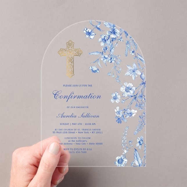French Blue Wildflowers Arch Confirmation Acrylic Invitations (Insitu (Handheld))