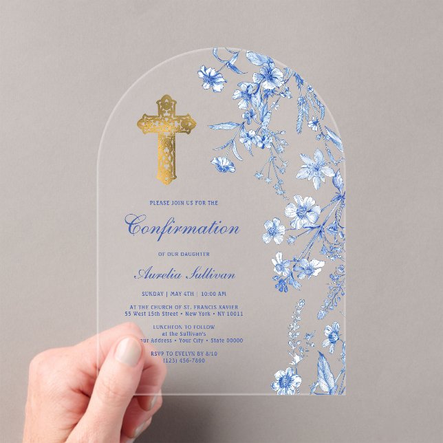 French Blue Wildflowers Arch Confirmation Acrylic Invitations (Insitu (Handheld))