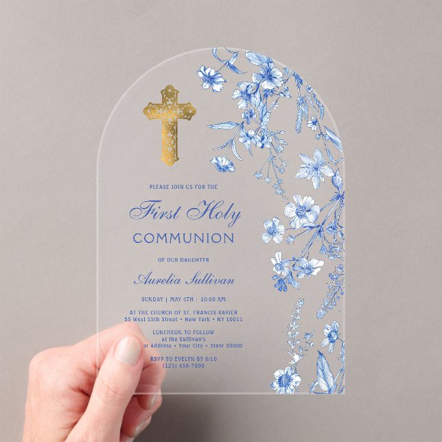 French Blue Wildflowers Arch First Communion Acrylic Invitations (Insitu (Handheld))