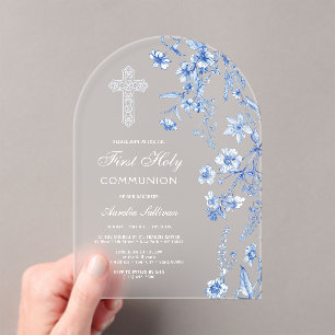 French Blue Wildflowers Arch First Communion Acrylic Invitations