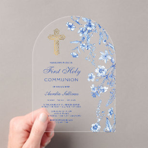 French Blue Wildflowers Arch First Communion Acrylic Invitations