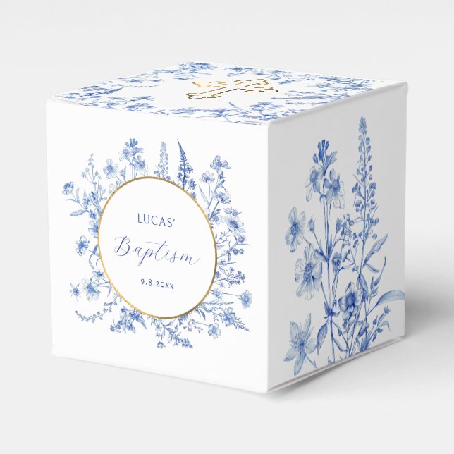 French Blue Wildflowers Baptism Cube Favour Box (Front Side)