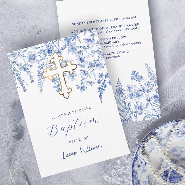 French Blue Wildflowers Baptism Invitation (Creator Uploaded)
