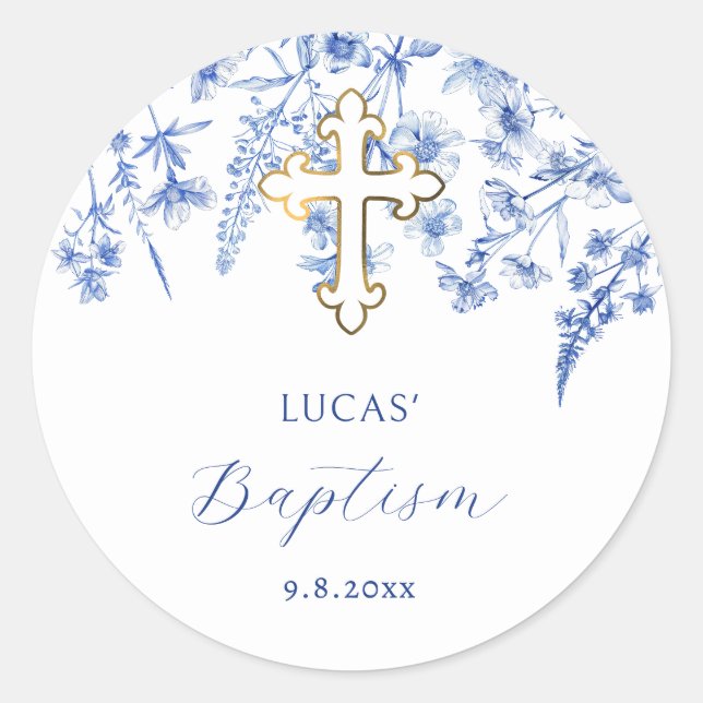 French Blue Wildflowers Baptism Sticker (Front)