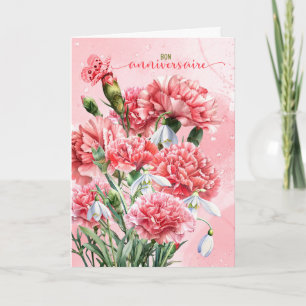 French Bon Anniversaire Pink Carnations Birthday Card
