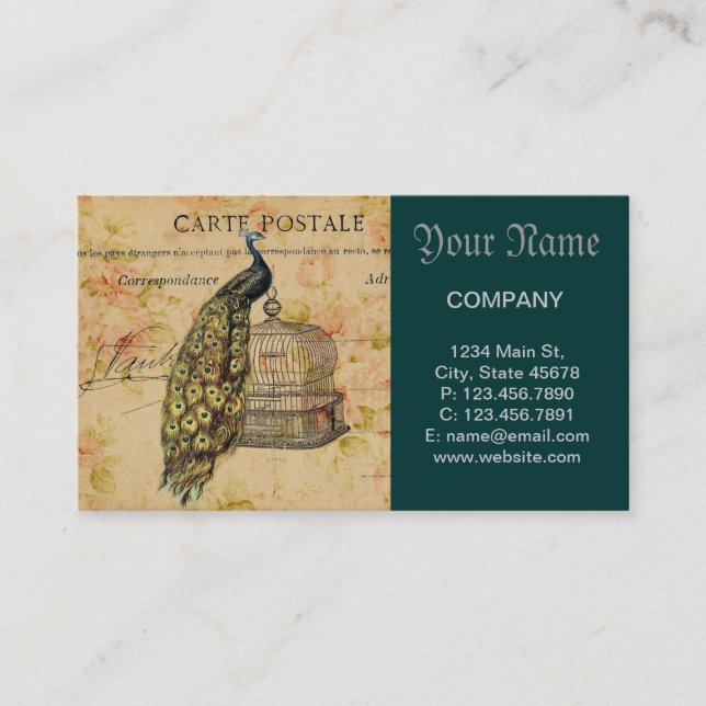 french botanical art nouveau vintage peacock business card (Front)