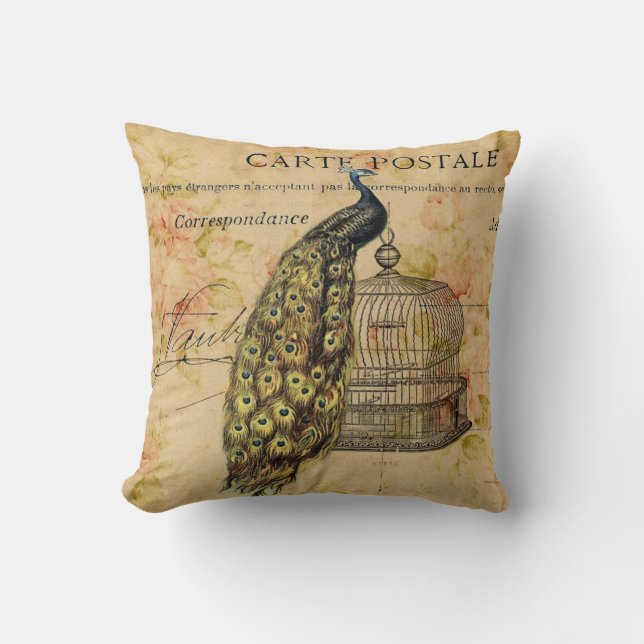 french botanical art nouveau vintage peacock cushion (Front)
