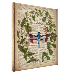 french botanical leaves modern vintage dragonfly canvas print