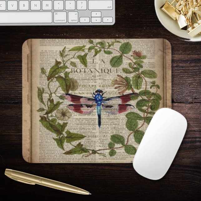 french botanical leaves modern vintage dragonfly mouse mat (french botanical leaves modern vintage dragonfly mouse pad)