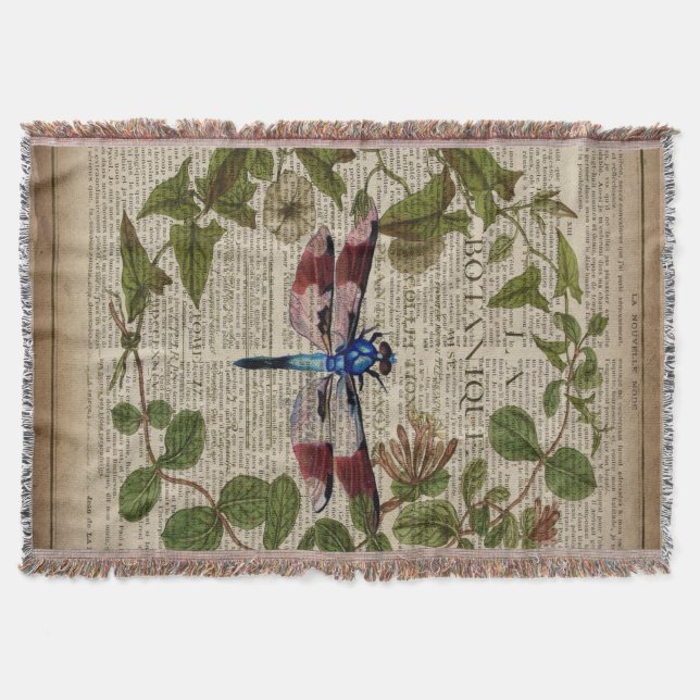 french botanical leaves modern vintage dragonfly throw blanket (Front)