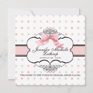 French Bow Damask Swirl Birth Announcement Girl 