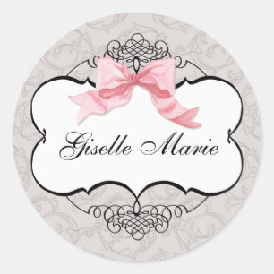 French Bow Damask Swirl, Girl Baby Shower Seal