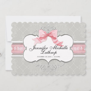 French Bow Damask Swirl Girl Birth Announcement - 