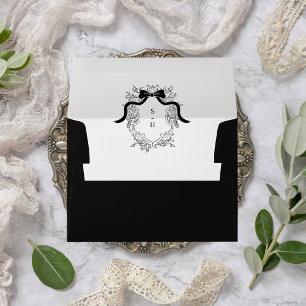 French Bow Victorian Crest Monogram Black Wedding Envelope