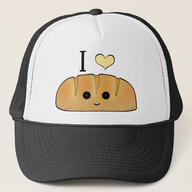 French bread love quote bakery cartoon baguette trucker hat (Front)