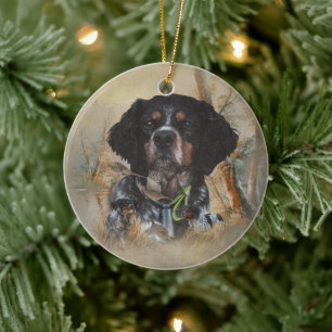 French Brittany, Bird Hunting Art  Ceramic Tree Decoration
