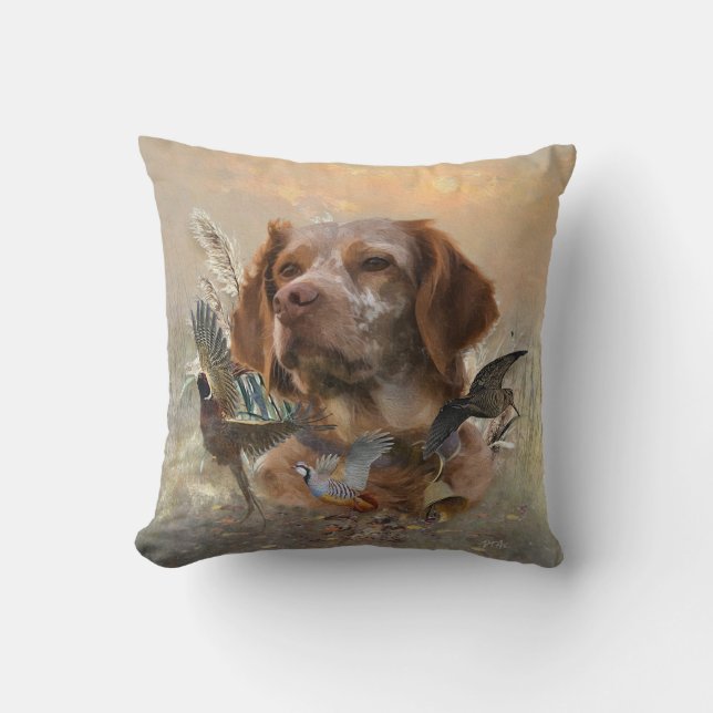 French Brittany, Bird Hunting Art  Cushion (Front)