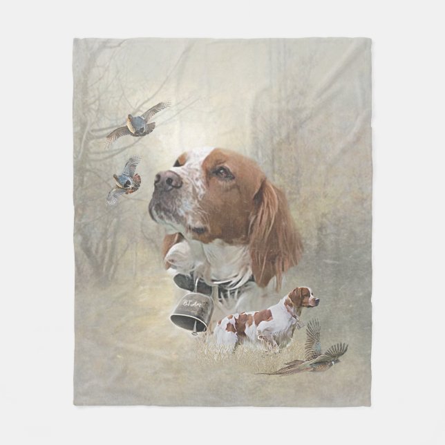 French Brittany, Bird Hunting Art  Fleece Blanket (Front)