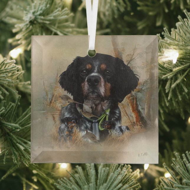 French Brittany, Bird Hunting Art  Glass Tree Decoration (Insitu)