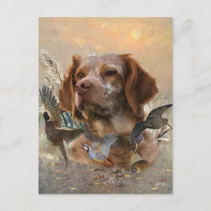 French Brittany, Bird Hunting Art  Holiday Postcard