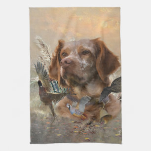 French Brittany, Bird Hunting Art  Tea Towel