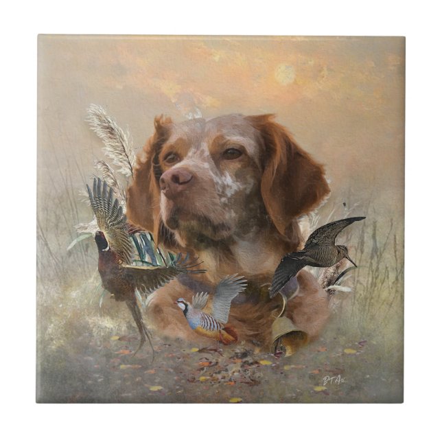 French Brittany, Bird Hunting Art  Tile (Front)