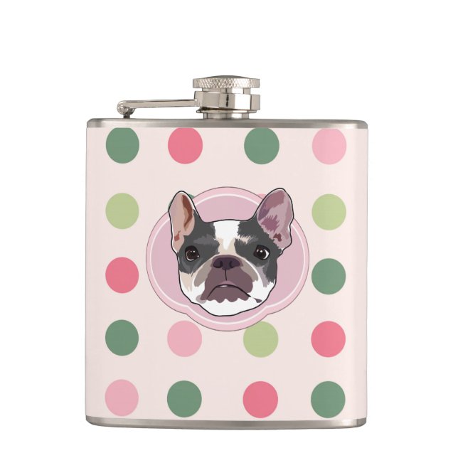 French bull dog  and colourful dots hip flask (Front)
