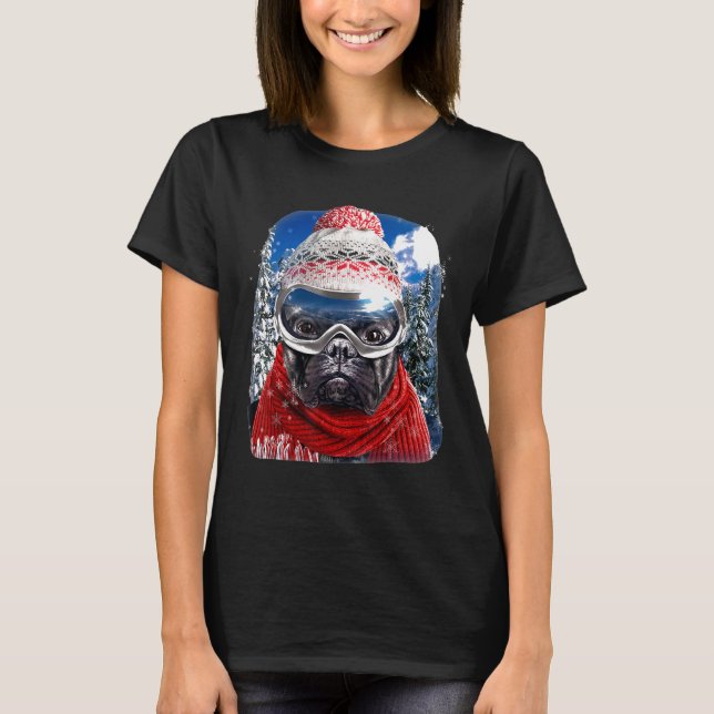 French Bull Dog In Winter Ski Snowboarding Wear T-Shirt (Front)