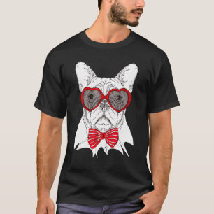 French Bull Dog Red Heart Glasses Bow Tie Valentin T-Shirt