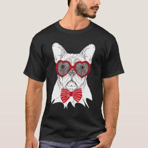 French Bull Dog Red Heart Glasses Bow Tie Valentin T-Shirt