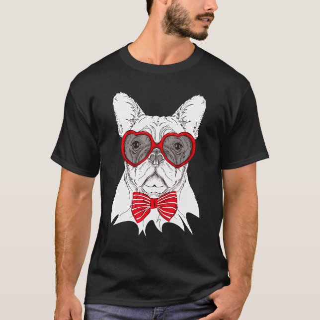 French Bull Dog Red Heart Glasses Bow Tie Valentin T-Shirt (Front)
