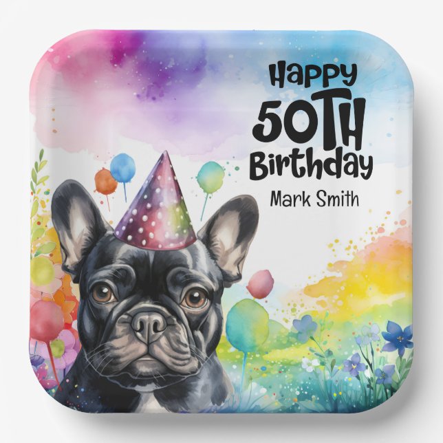French Bulldog 50th Birthday Party Paper Plate (Front)