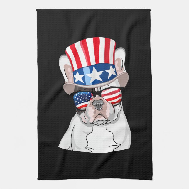 French Bulldog American Flag 4th of July Tea Towel (Vertical)