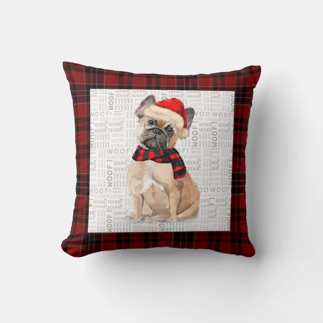French Bulldog and Red Plaid Christmas Throw Pillo Cushion (Front)