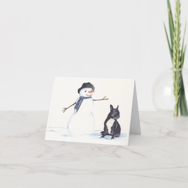French Bulldog and Snowman Dog Art  Notecard (Front)