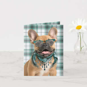 French Bulldog and Teal Plaid Monogrammed Card